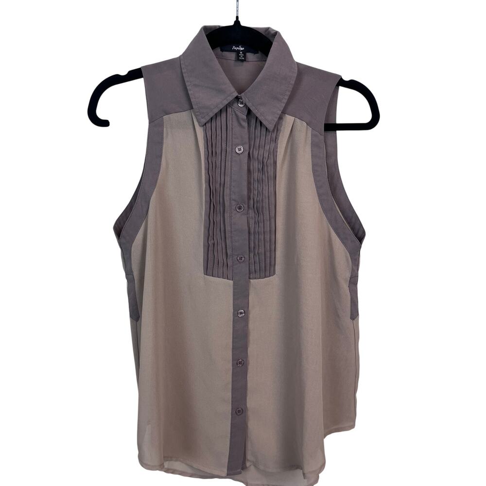 Papaya Tan Brown Two-Tone Tuxedo Pleat Flowy Button Front Top Women’s Medium